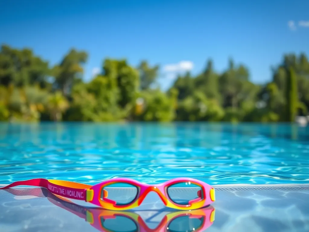 Colorful swimming goggles on the edge of a pool, illustrating safety concerns for wearing contacts in water.