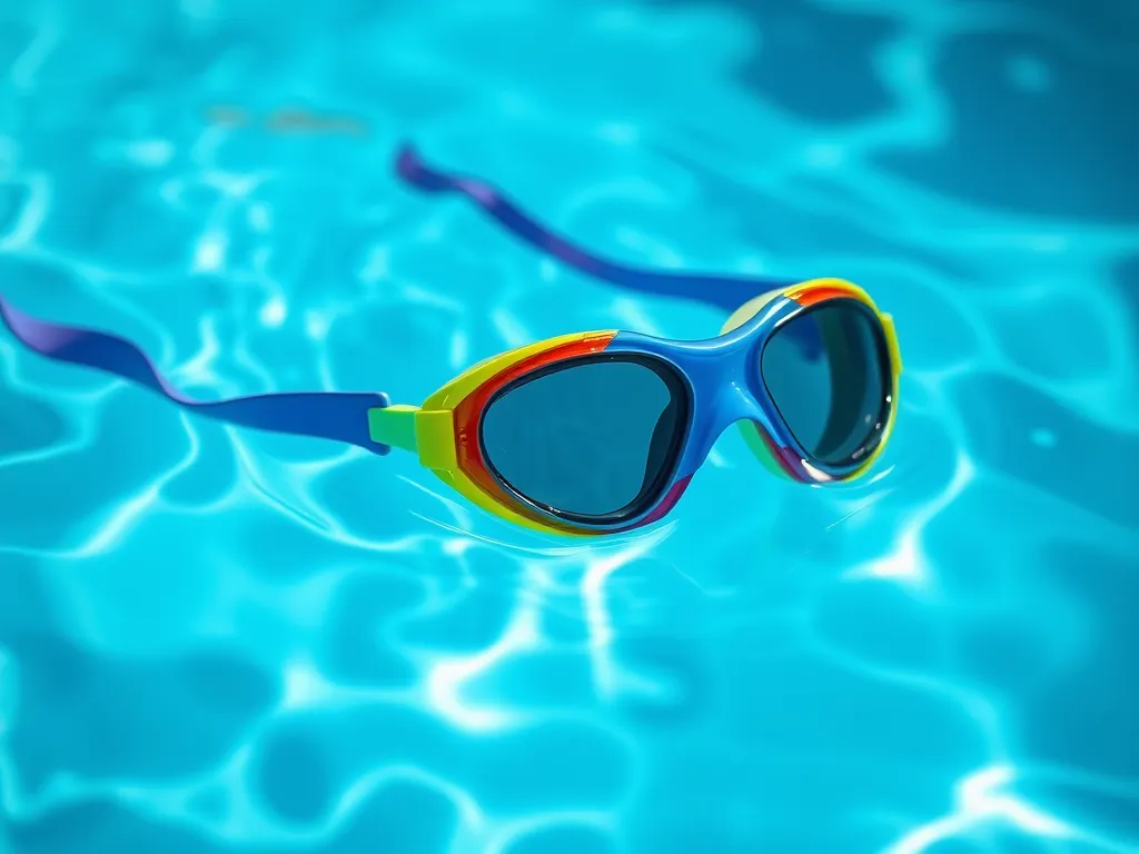 Colorful swimming goggles floating in a pool, relevant to swimming with contacts.
