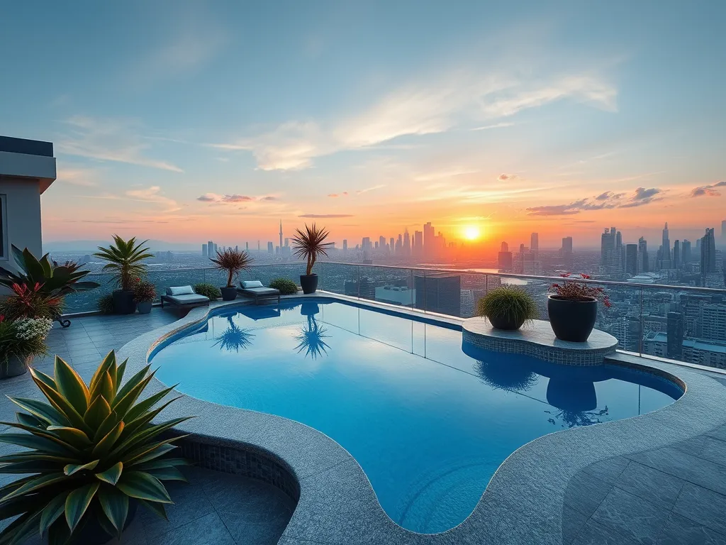 Beautiful rooftop pool view during sunset, highlighting concerns about swimming with contact lenses.
