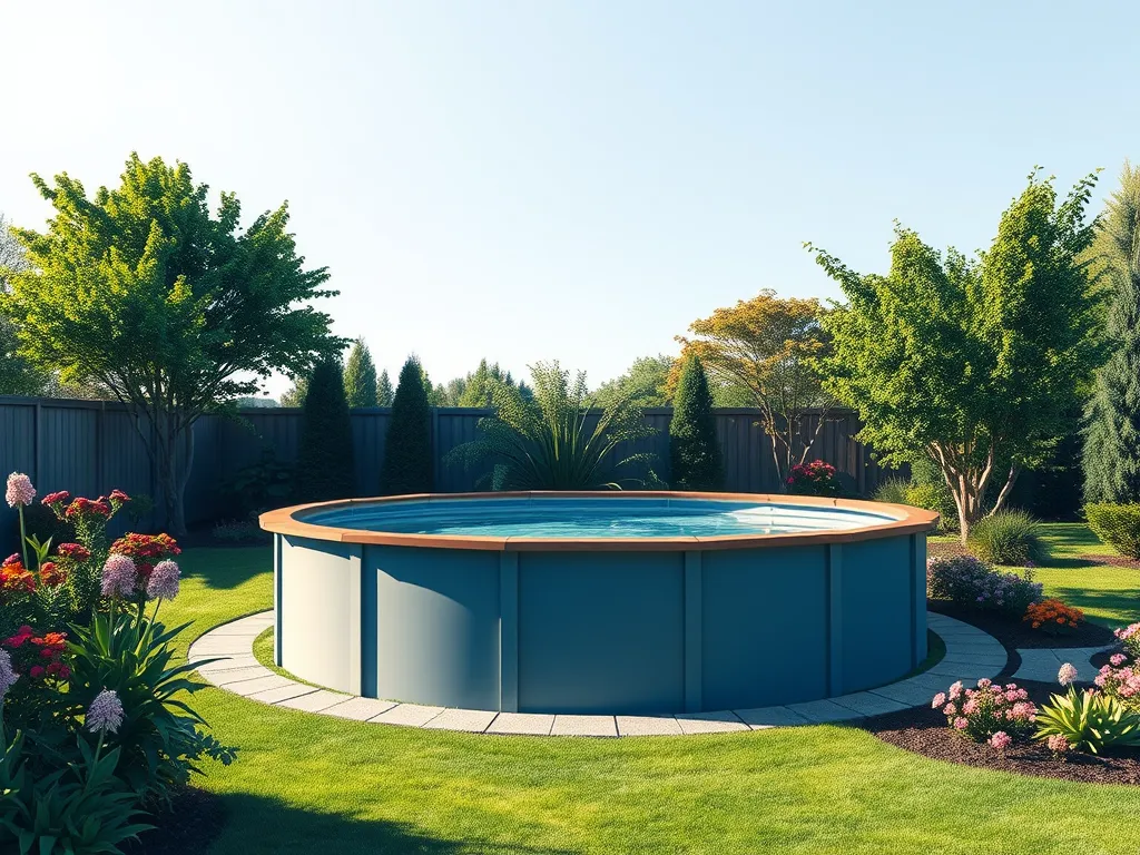 A backyard pool surrounded by greenery and flowers, illustrating the possibility of having a pool with a septic tank.