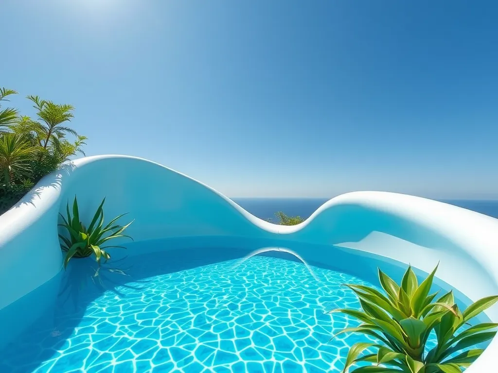 A serene swimming pool surrounded by greenery, illustrating concerns about swimming with a UTI.