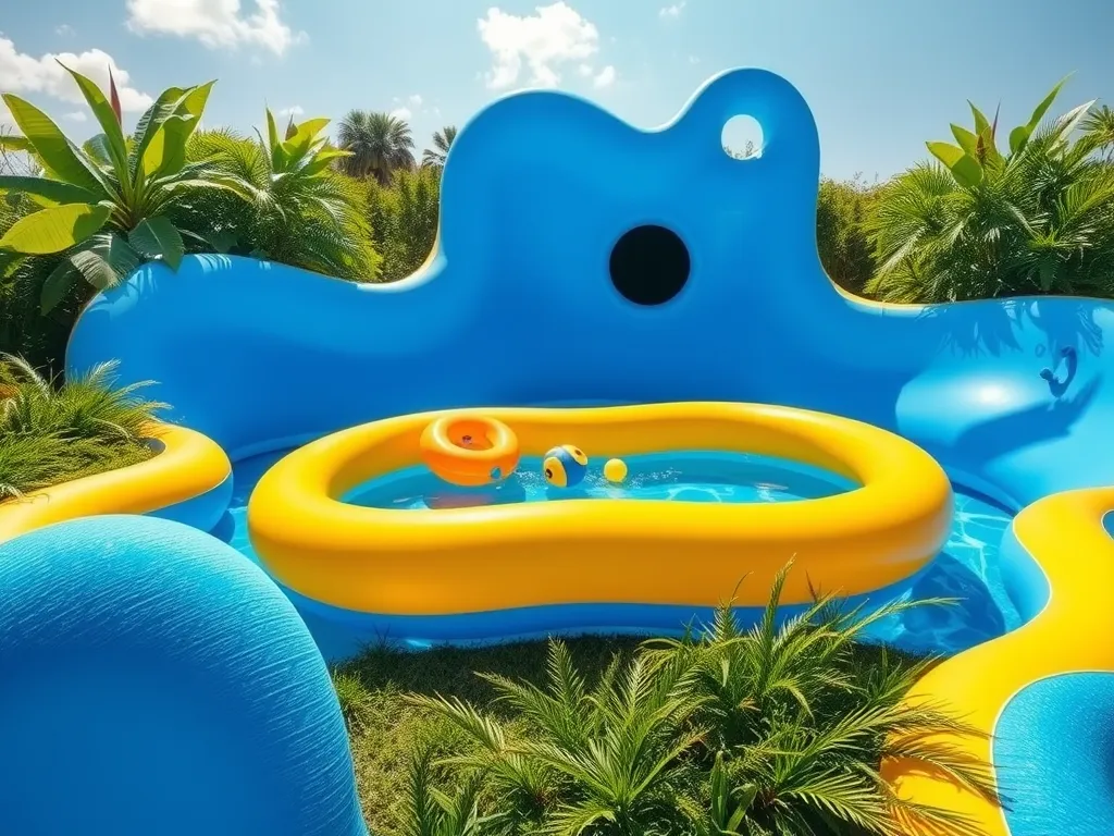 Vibrant inflatable pool surrounded by greenery, highlighting the topic of using pool chlorine safely.