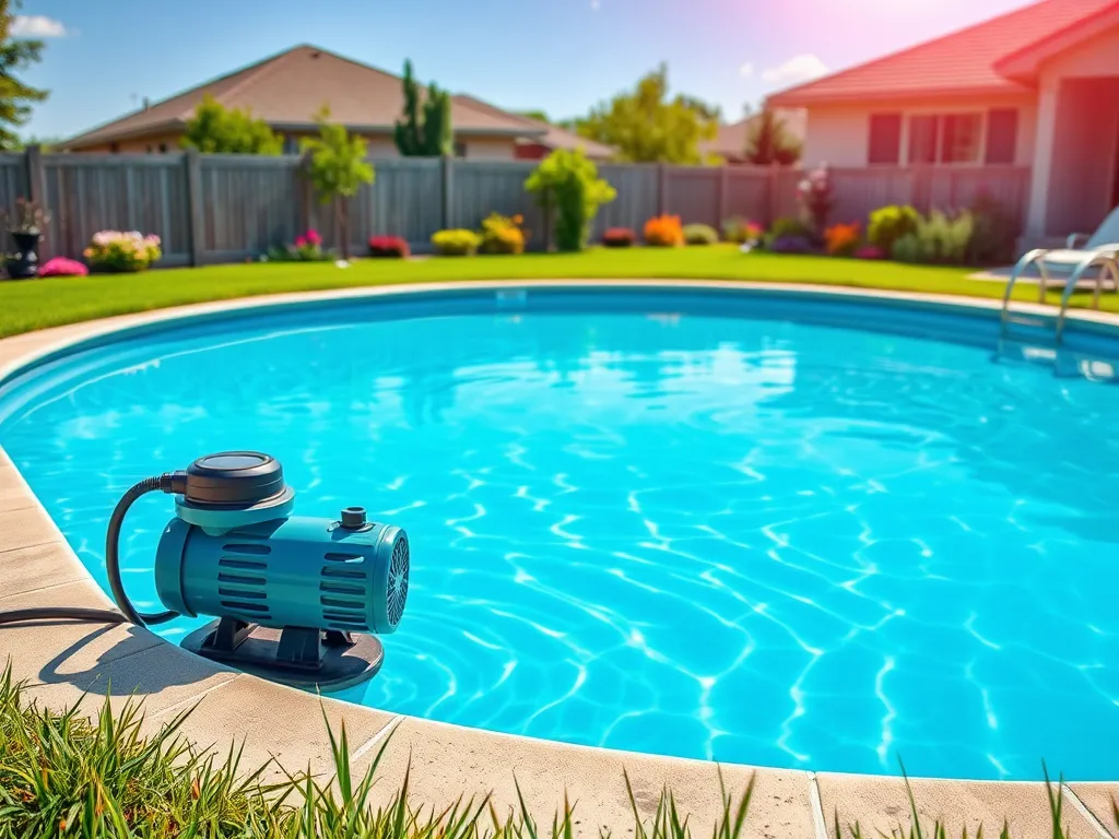 A blue pool pump next to a sparkling swimming pool, illustrating if you can leave your pool pump on 24/7.