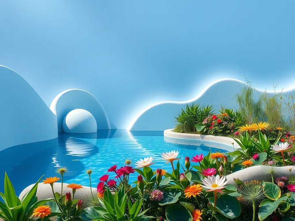 Beautiful pool with vibrant flowers, discussing the effectiveness of power washing a pool liner.