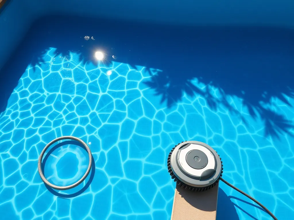 A close-up view of a pool water surface and cleaning equipment, illustrating the process of power washing a pool liner.