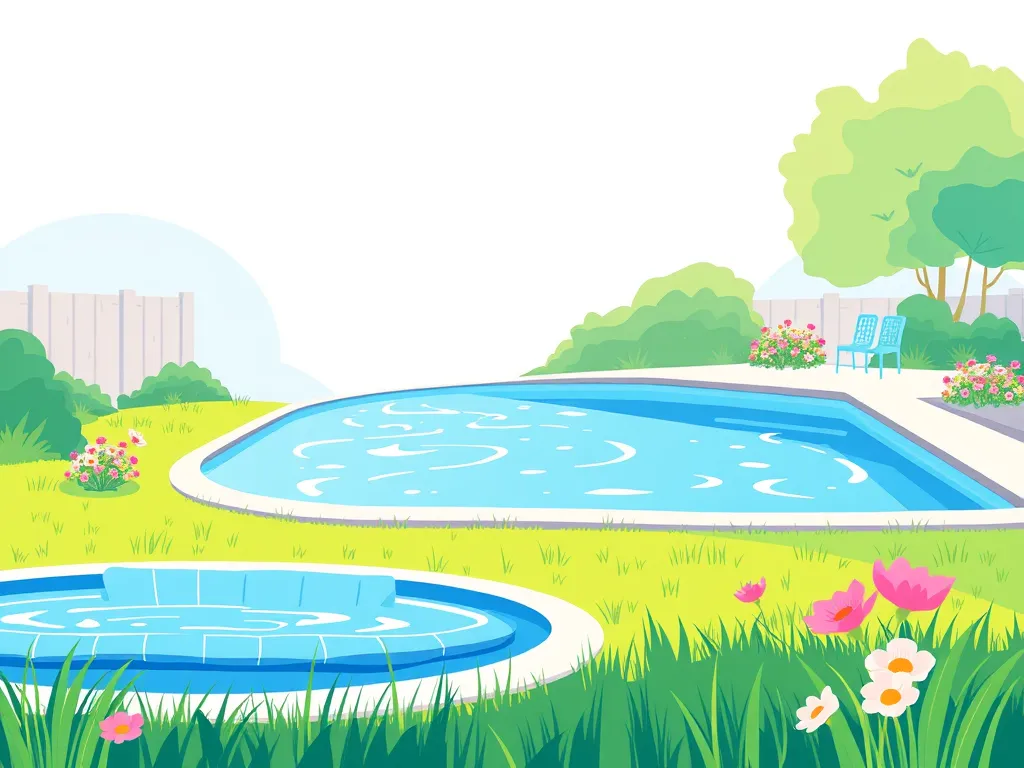 Illustration of a swimming pool surrounded by grass and flowers, discussing the feasibility of pressure washing a pool with water.