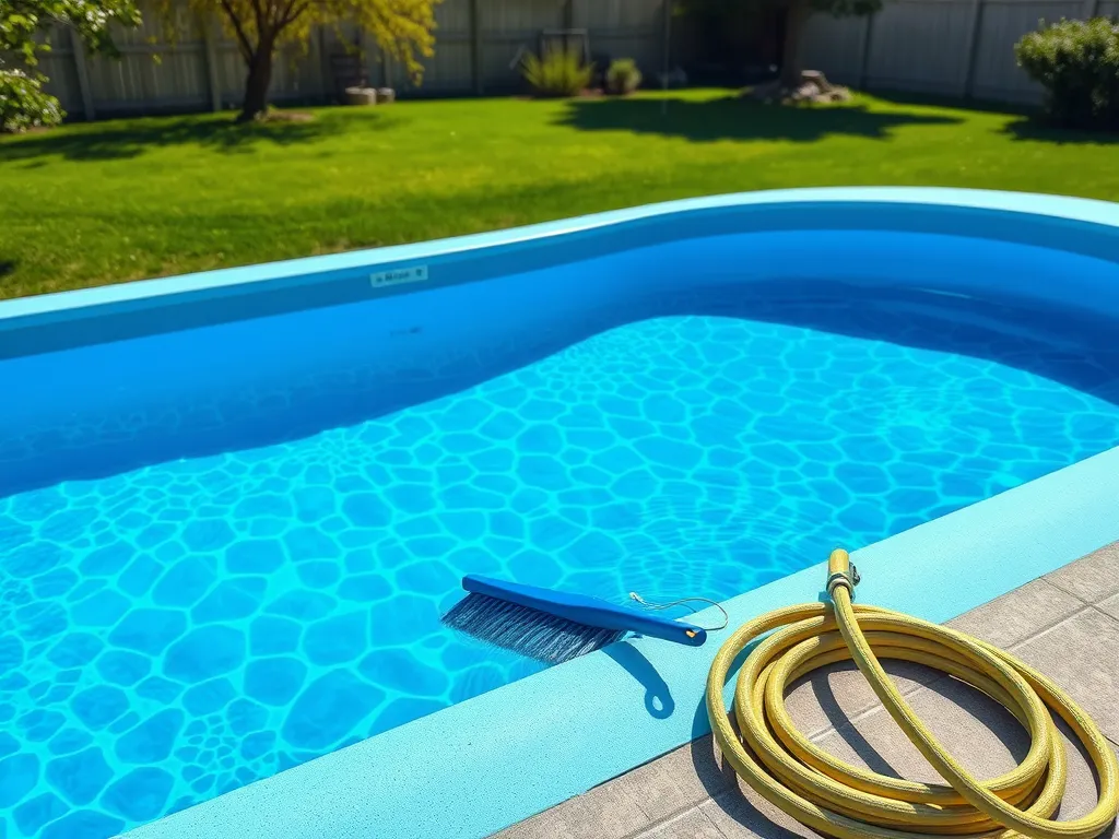 Clean swimming pool with water, hose, and brush for pressure washing