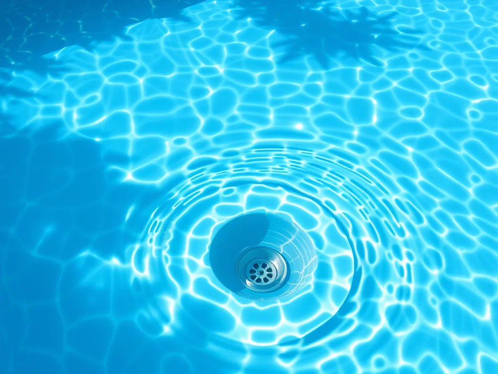 Clear pool water over a drain, highlighting the importance of maintaining pool pipes to prevent freezing.