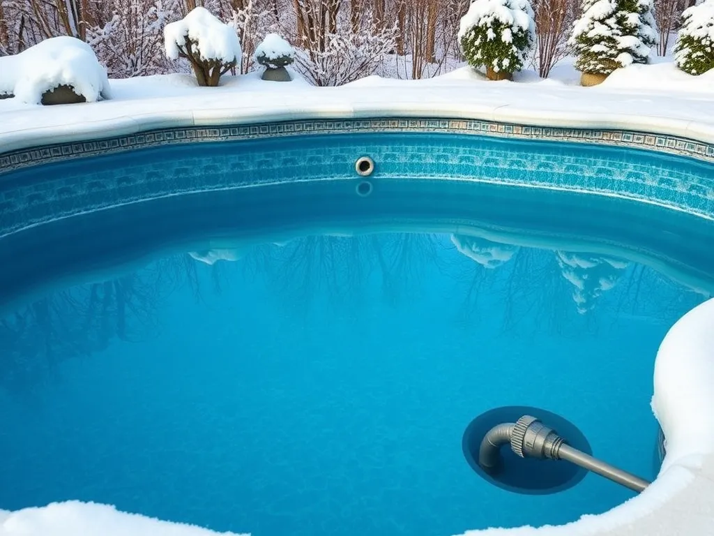 Winter pool with snow highlighting the importance of preventing pool pipes from freezing