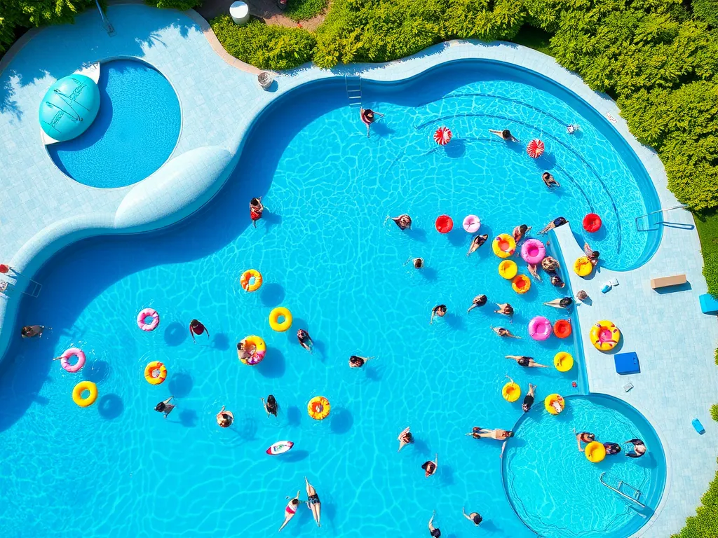 Aerial view of a crowded public pool with colorful floats and people enjoying the water, highlighting cleanliness concerns.