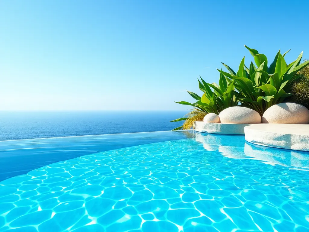 Beautiful purple pool with lush greenery and clear water, ideal for swimming.