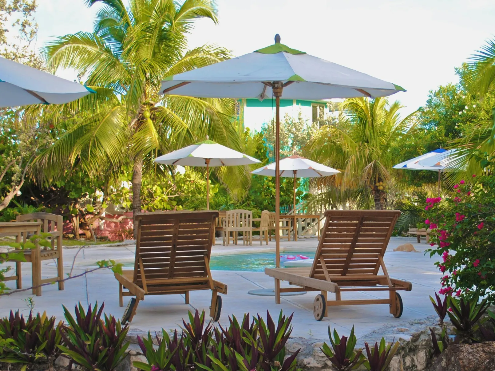 A tranquil poolside setting with loungers, illustrating a space where rabbits could swim.
