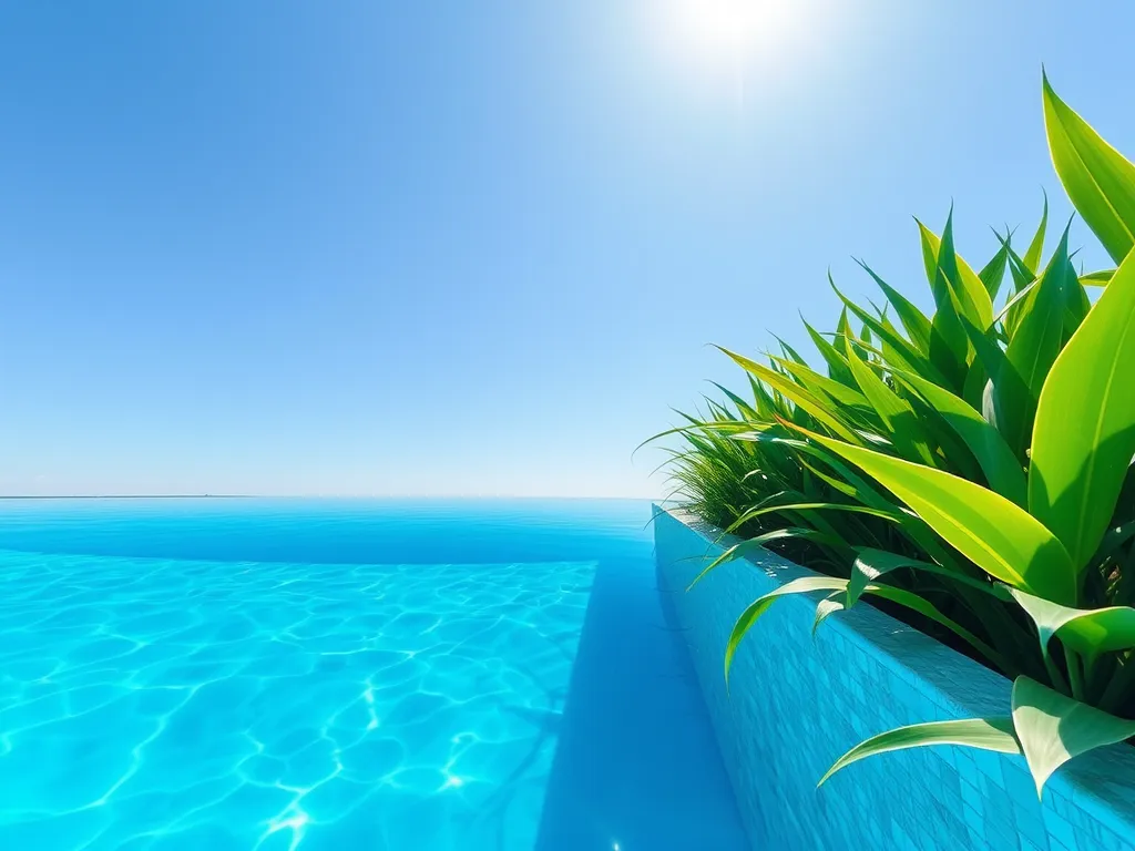 Clear pool with greenery, discussing the impact of rain on algae growth in pools.