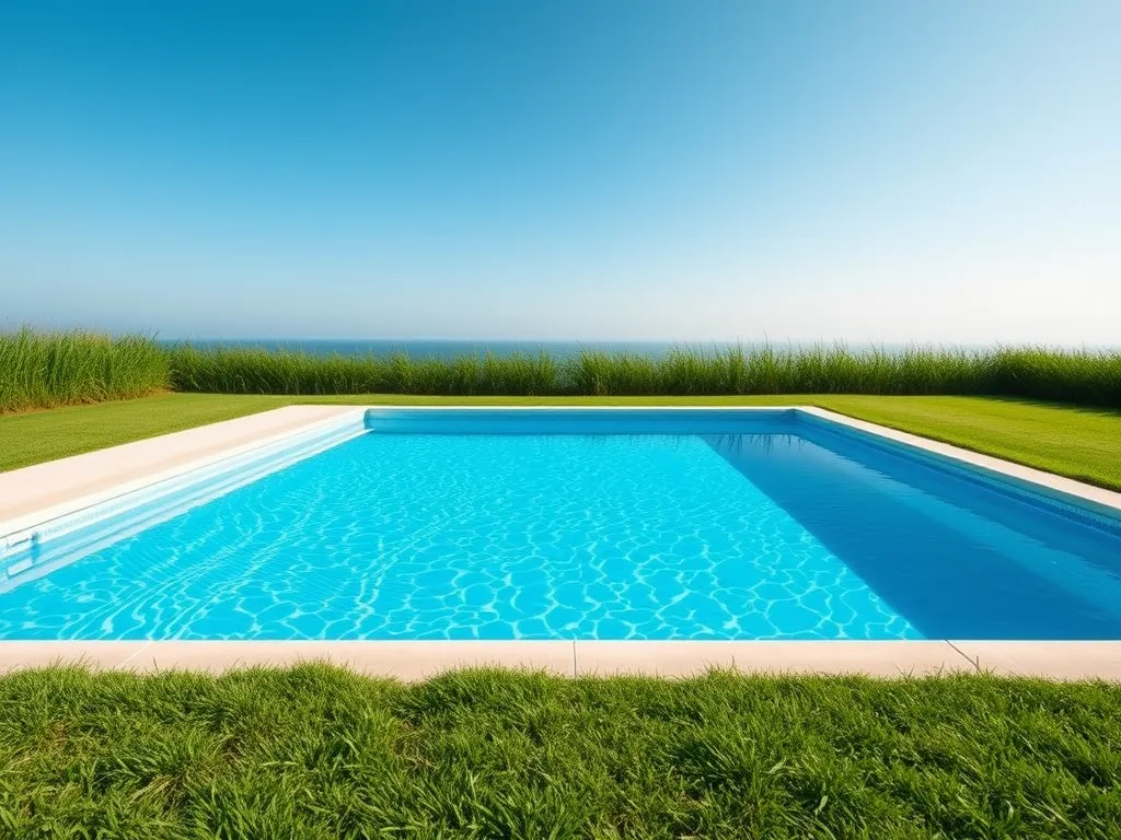Clear swimming pool with water reflecting blue sky, showing conditions that can lead to algae growth after rain.