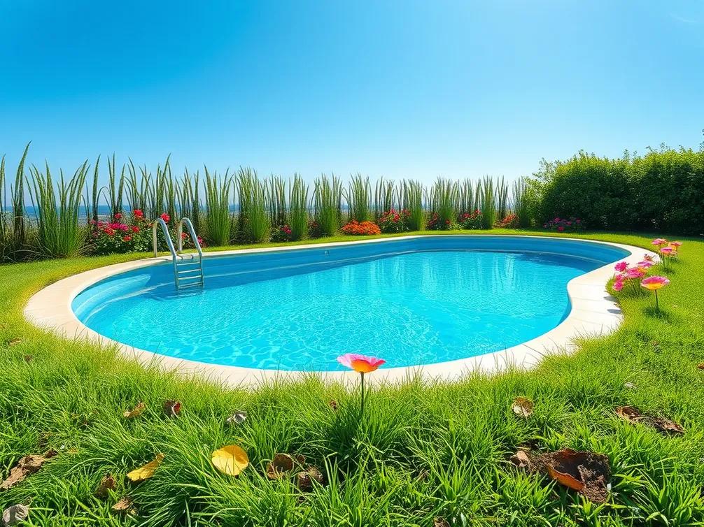 Clean swimming pool under a clear sky, discussing rain's impact on pool algae growth.