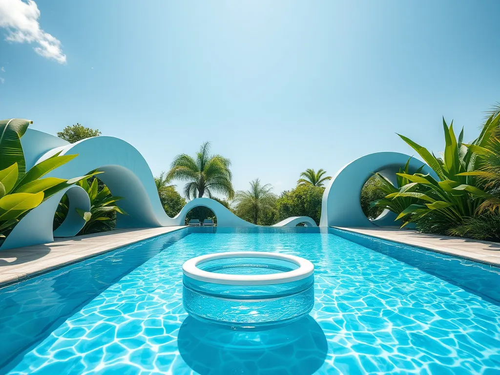 A clear swimming pool under sunny skies, illustrating the effects of rain on pool pH and alkalinity.