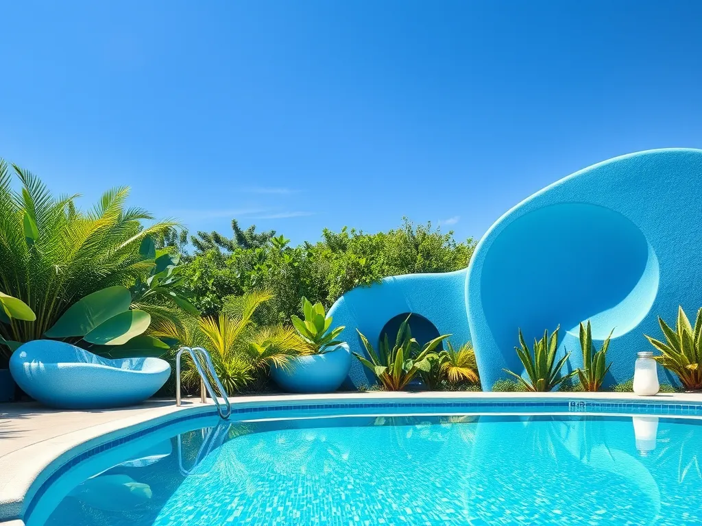 Vibrant pool surrounded by lush greenery under clear blue sky, highlighting the impact of rain on pool pH and alkalinity.