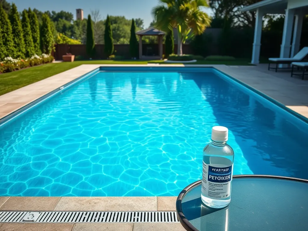 A clear blue inground pool with a bottle of pool chemical for remodeling and maintenance