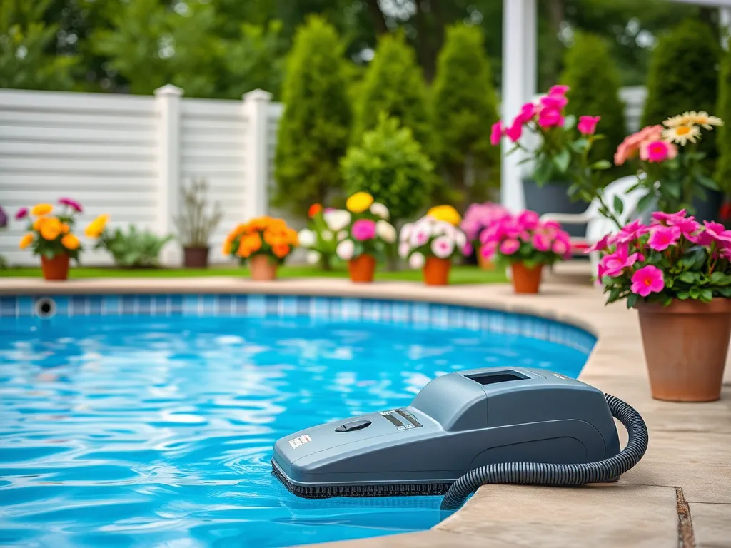 A pool vacuum resting by a sparkling blue pool surrounded by blooming flowers, illustrating the option to rent a pool vacuum.