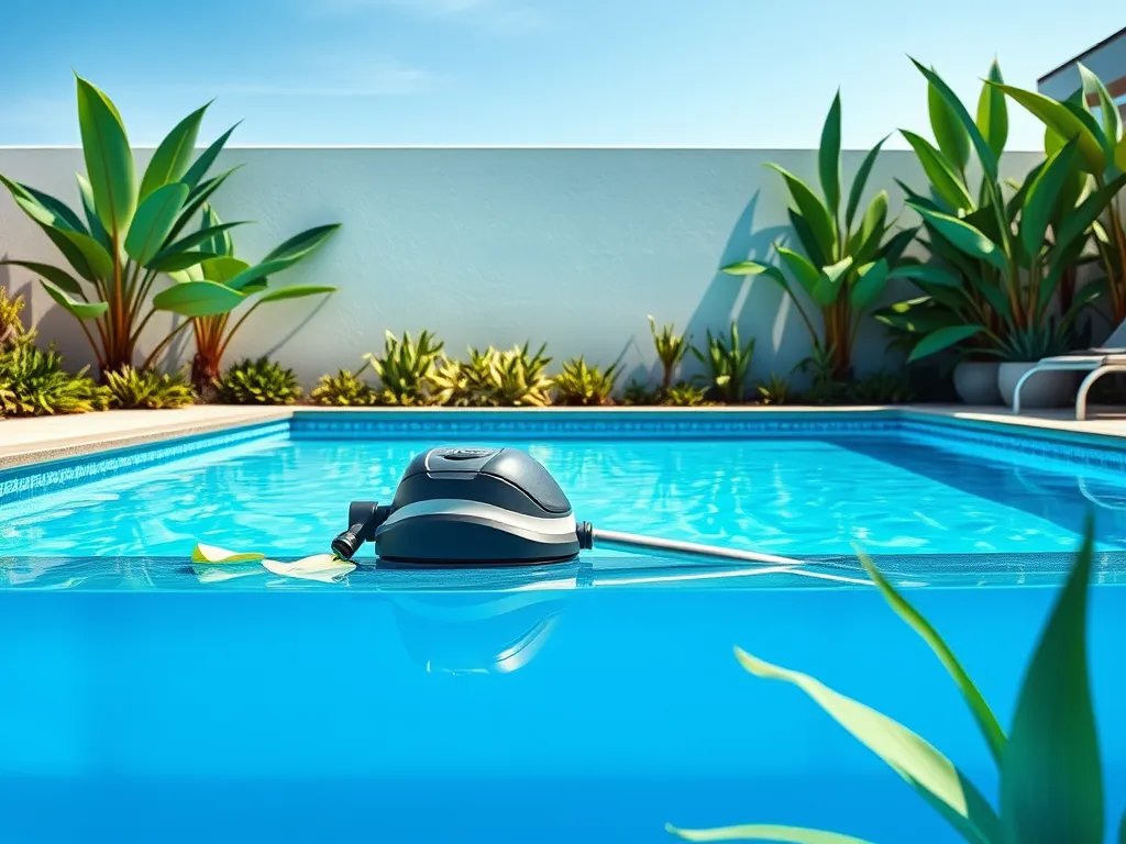 A pool vacuum sitting in a clean swimming pool surrounded by tropical plants, illustrating the rental option for pool maintenance.