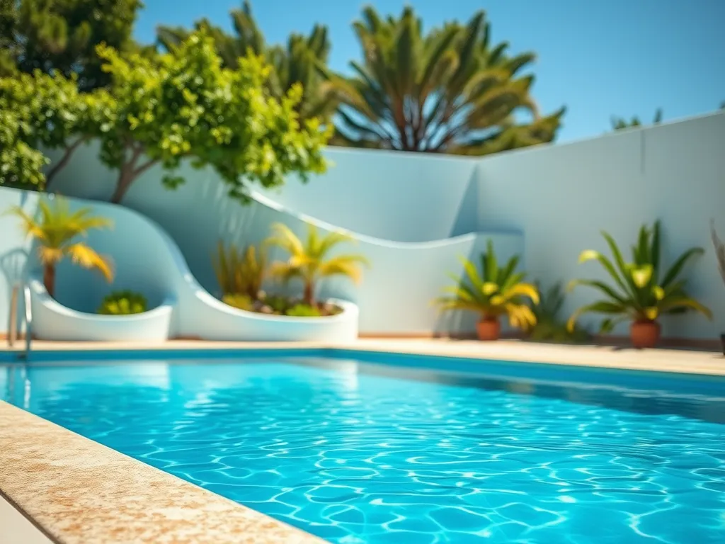 A sparkling blue swimming pool surrounded by greenery, symbolizing a return to swimming.