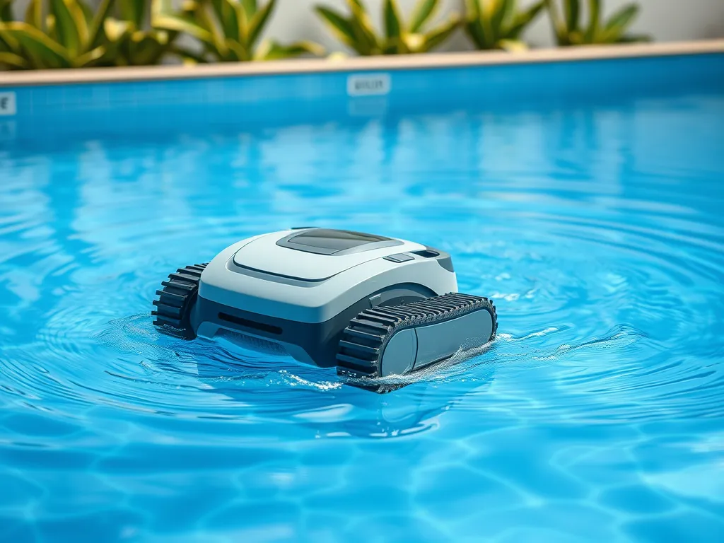Automated robotic pool cleaner navigating through clean blue water, perfect for maintaining pool hygiene.