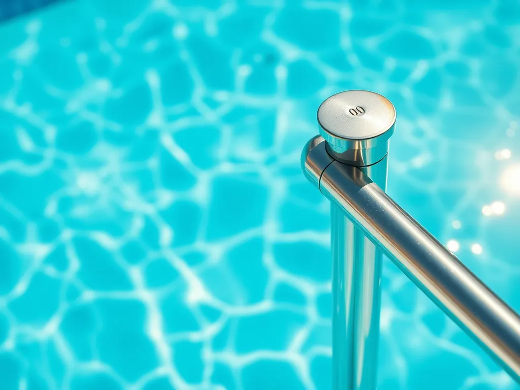 Close-up of a rust-resistant telescopic pool pole by clear blue water, highlighting its durability.