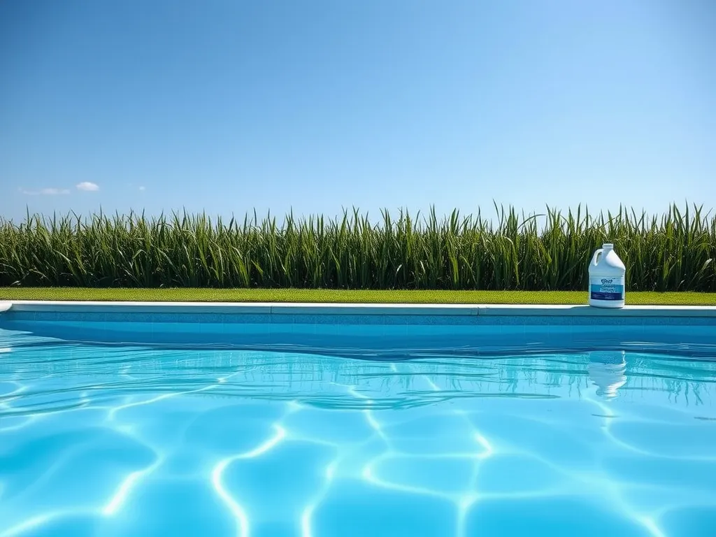 Bottle of RV antifreeze beside a swimming pool, illustrating the question of using RV antifreeze in pool water.