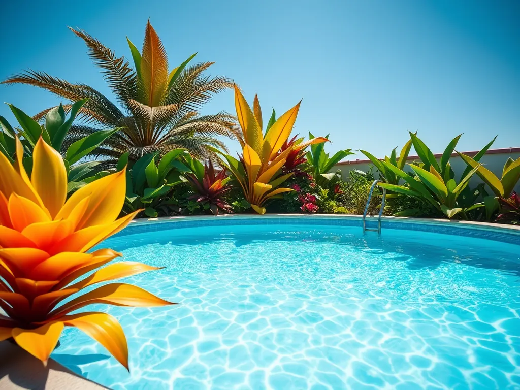 Beautiful above ground saltwater pool surrounded by vibrant tropical plants