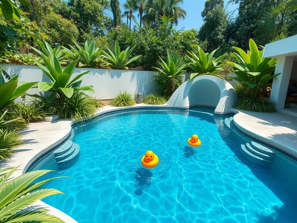 Beautiful above ground pool with saltwater featuring floating toys