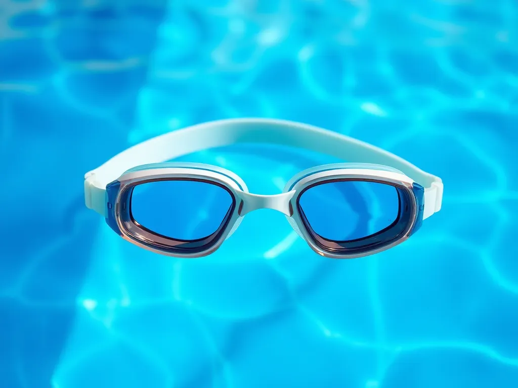 Blue swimming goggles floating in a saltwater pool, illustrating eye protection in saltwater environments.