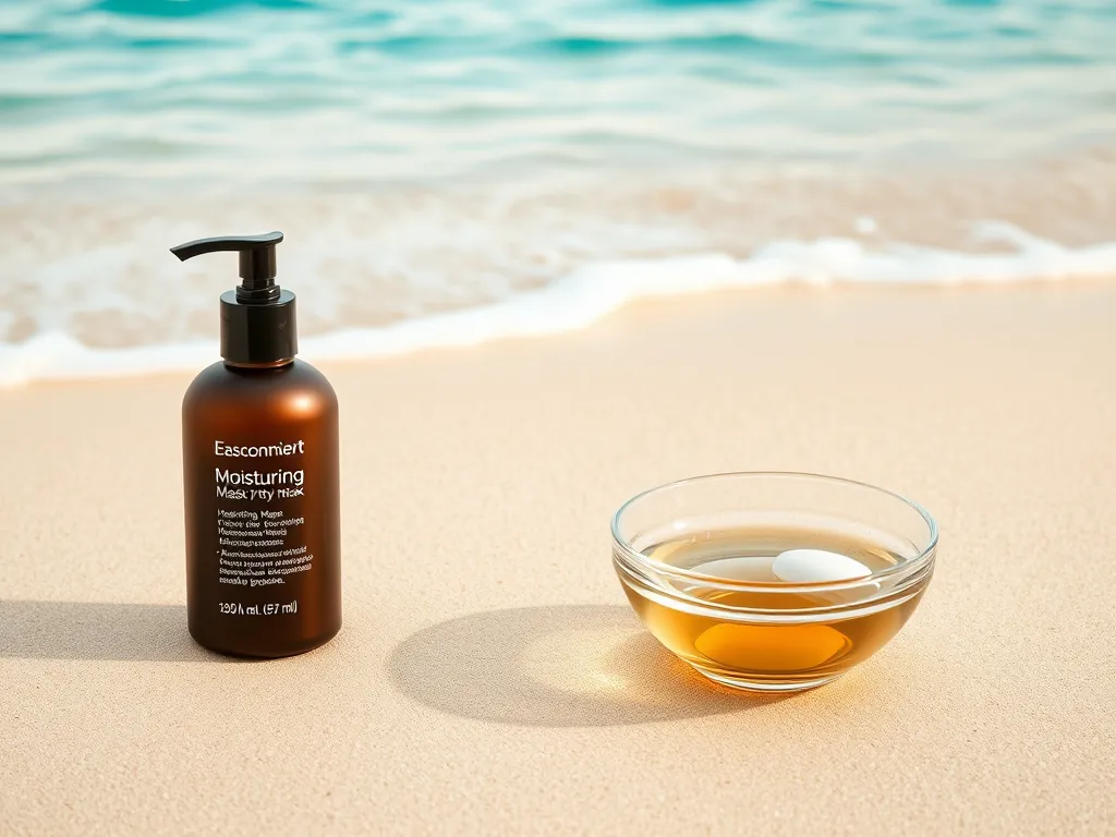 Moisturizing hair mask and oil on the beach, related to hair care after swimming in saltwater pools.