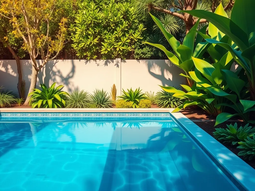 Clear saltwater pool surrounded by lush greenery, illustrating concerns about hair damage.
