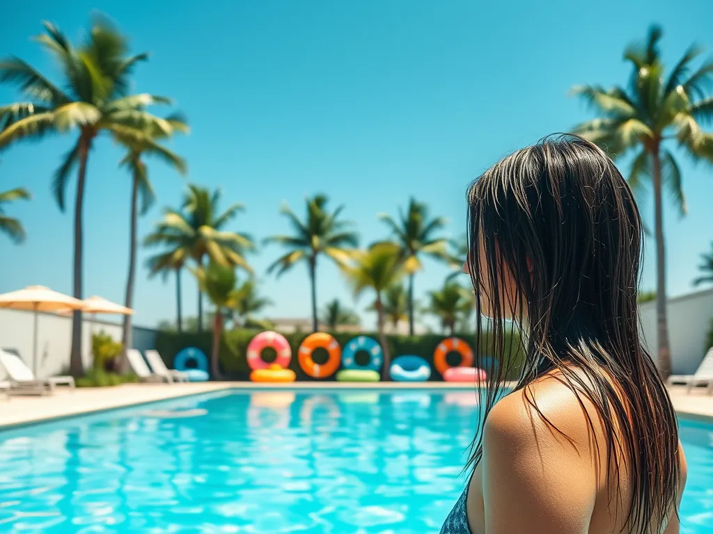 Woman with wet hair by a saltwater pool, analyzing potential hair damage.