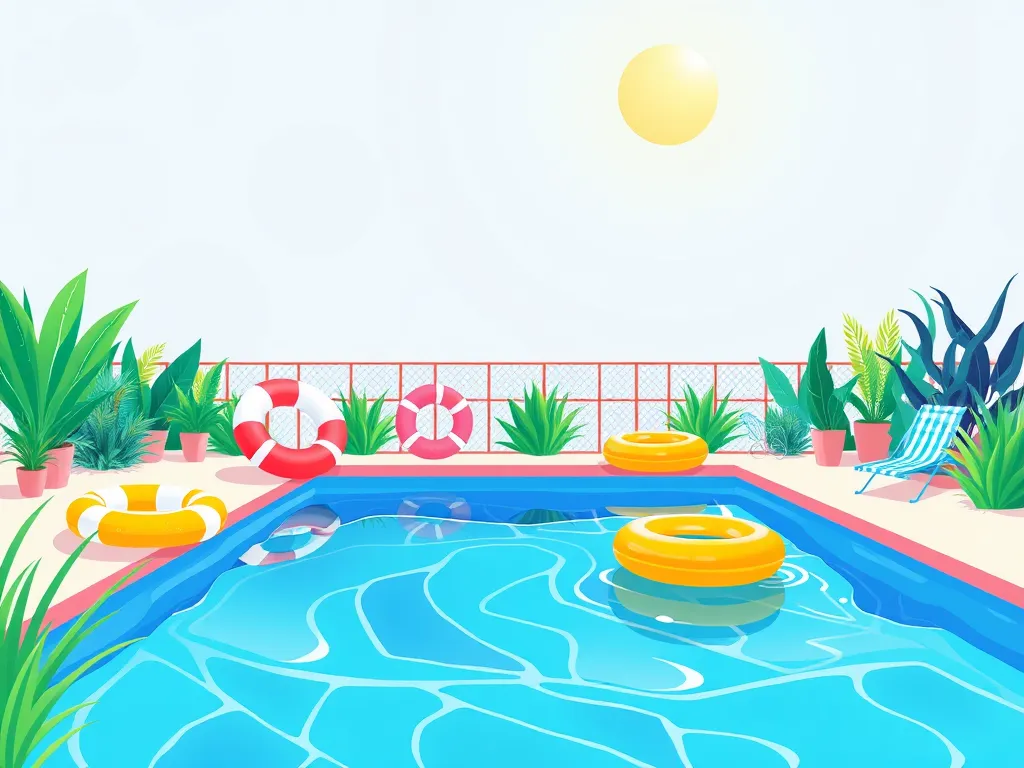 A colorful illustration of a saltwater pool surrounded by plants, illustrating potential effects on hair.