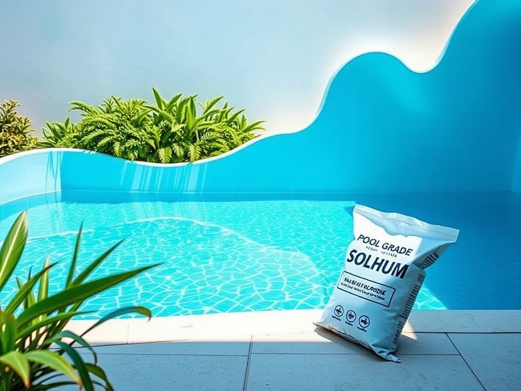A clean saltwater pool with blue water and pool-grade Solhum bag, illustrating sanitation.