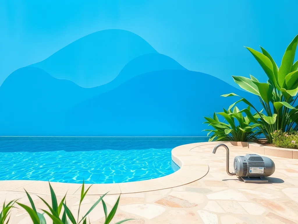 A beautiful saltwater pool with clear water and lush plants, illustrating the importance of stabilizer in maintaining water quality.