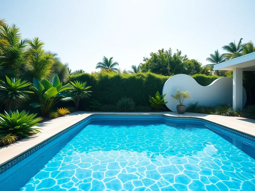 Beautiful saltwater pool surrounded by lush greenery, discussing the need for stabilizer.