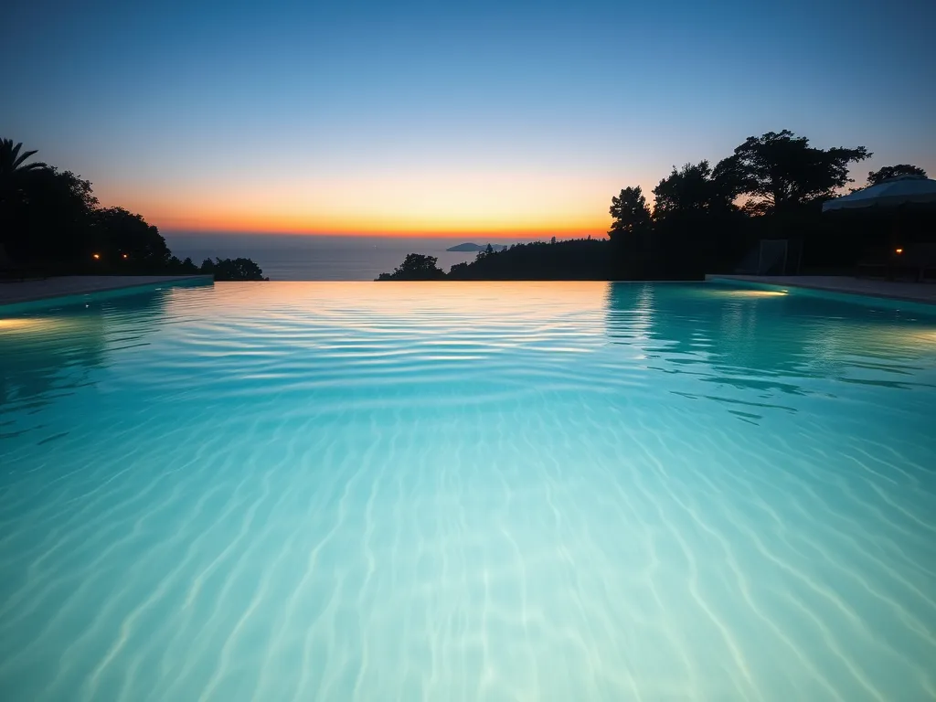 A beautiful saltwater pool illuminated at sunset, relevant to using algaecide in saltwater pools.