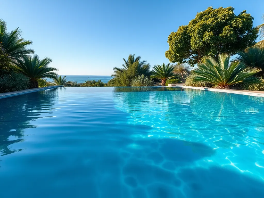 A tranquil saltwater pool under a clear blue sky, illustrating the conditions for eye exposure in a saltwater environment.