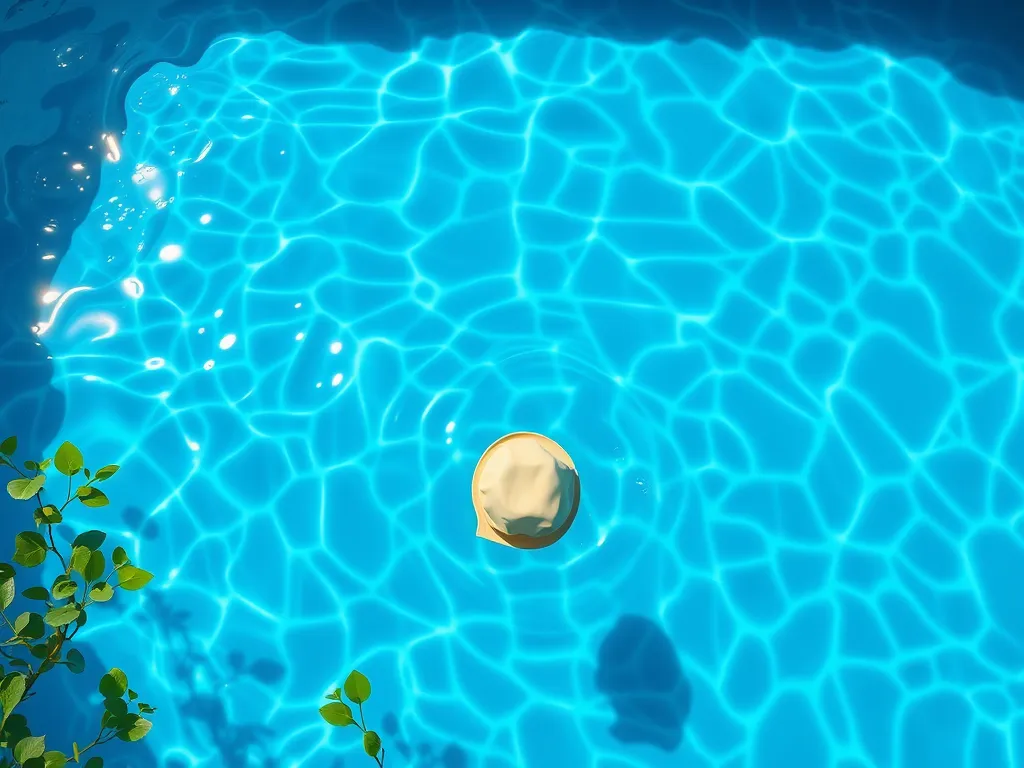Crystal clear water of a saltwater pool with test strips floating on the surface.