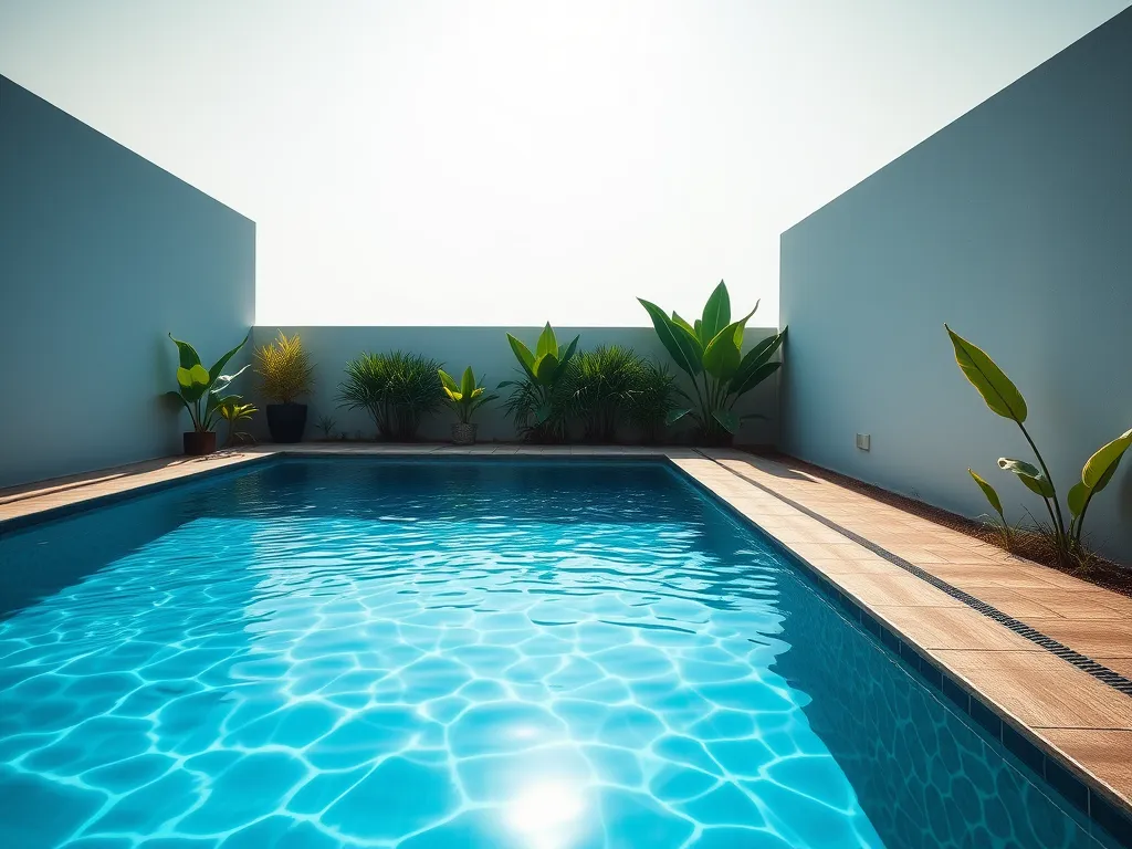 A clear sand filter pool with plants, illustrating the need for chlorine in pool maintenance.