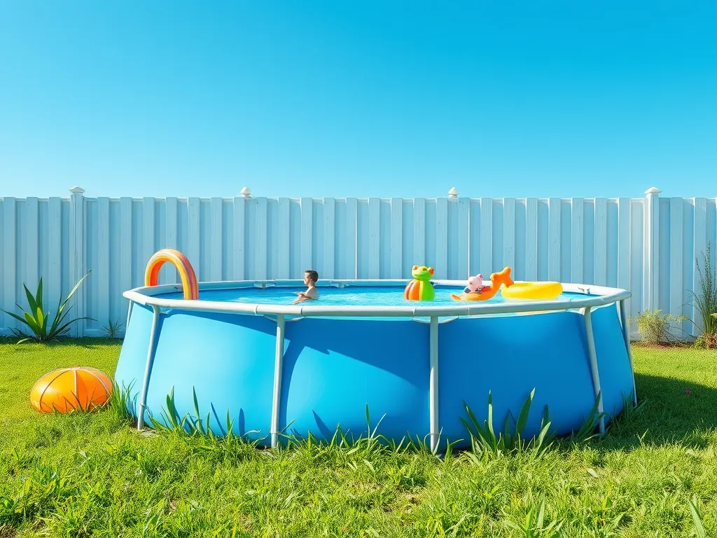 Bright and sunny screened-in pool with child playing and floaties; a look at sun protection in pools