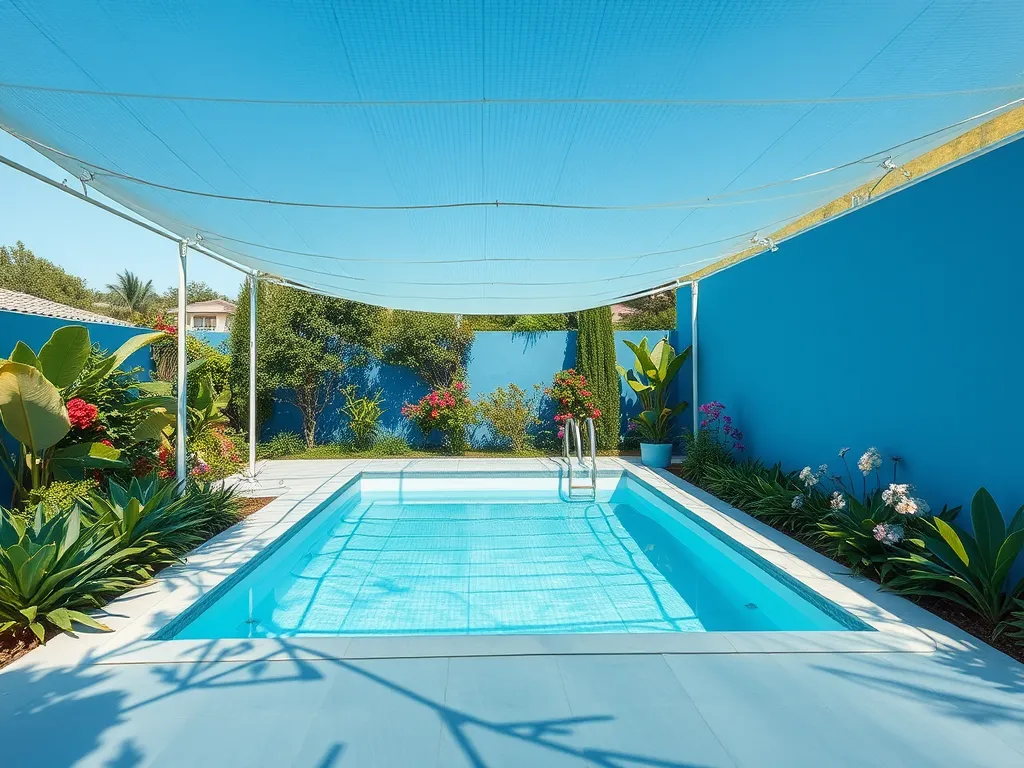 A screened-in pool area showcasing a clear blue sky with plants and flowers, illustrating how screened pools can partially block sunlight.