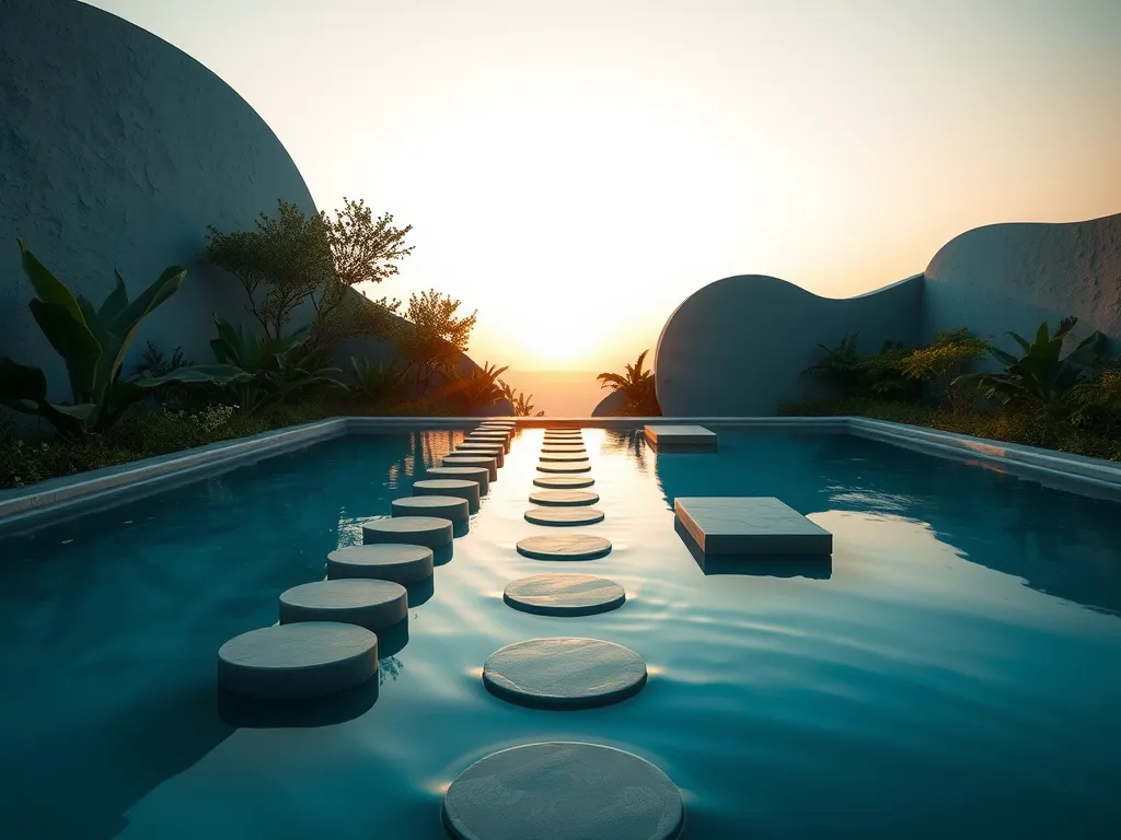 Beautiful pool designed for ducks with stepping stones and sunset view.