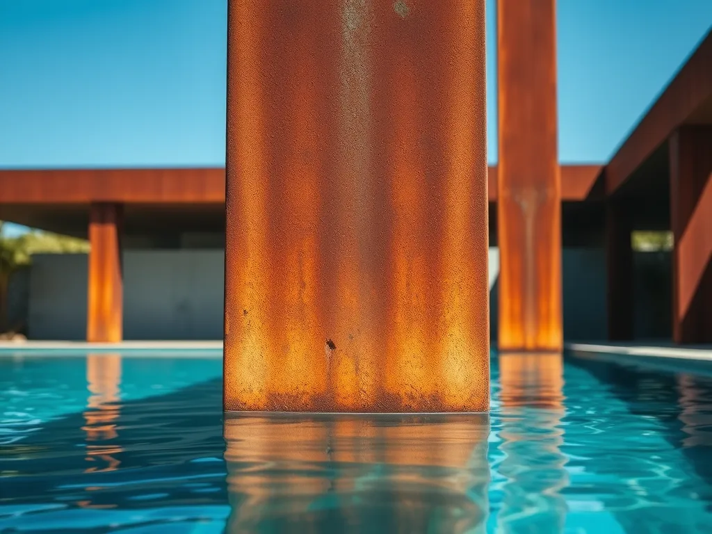 Rusty pillar in a shipping container pool showcasing unique design.