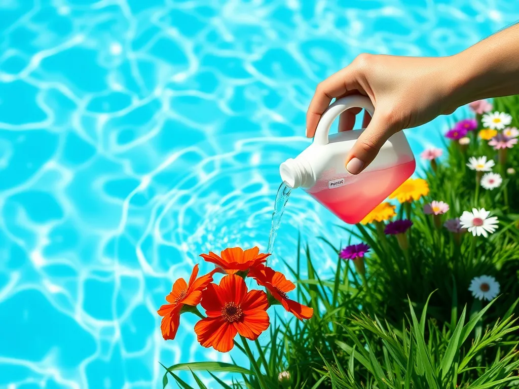 Hand pouring shock treatment into a new pool with flowers nearby.