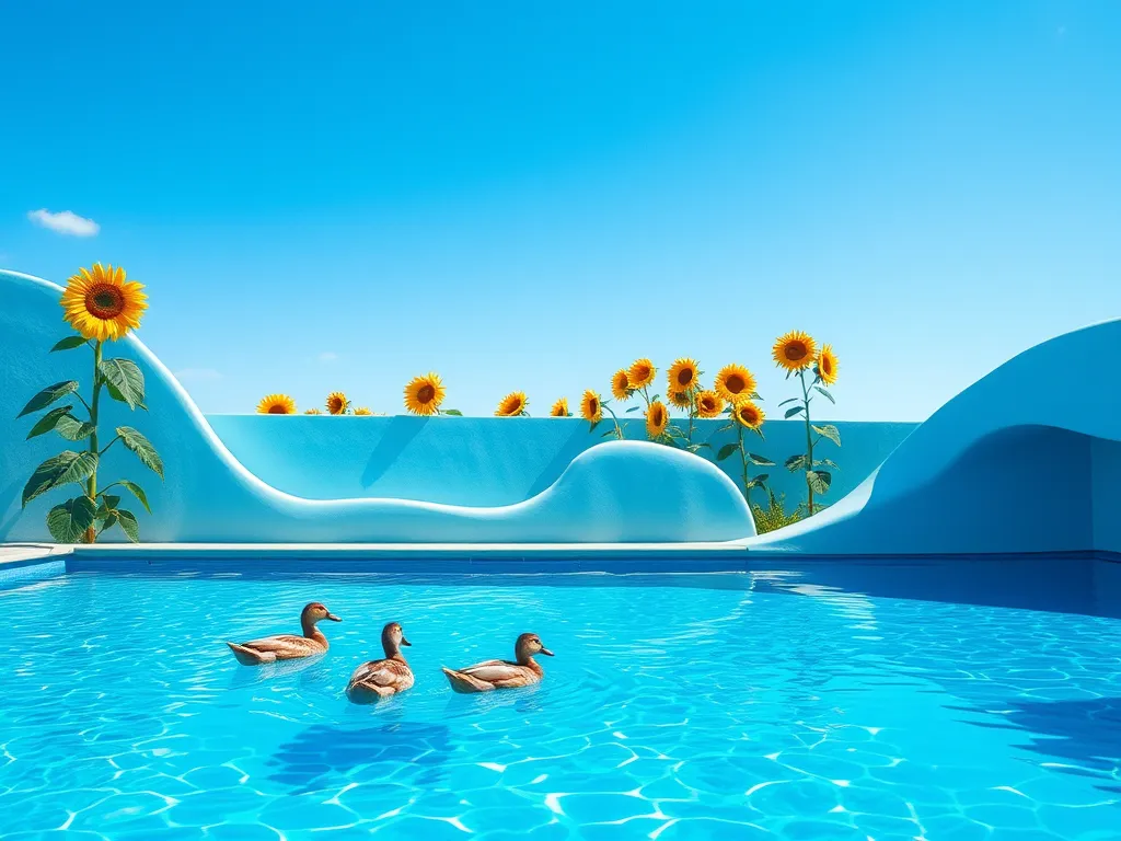 Beautiful pool with ducks and sunflowers, illustrating the ideal setting for shocking a pool during the day.