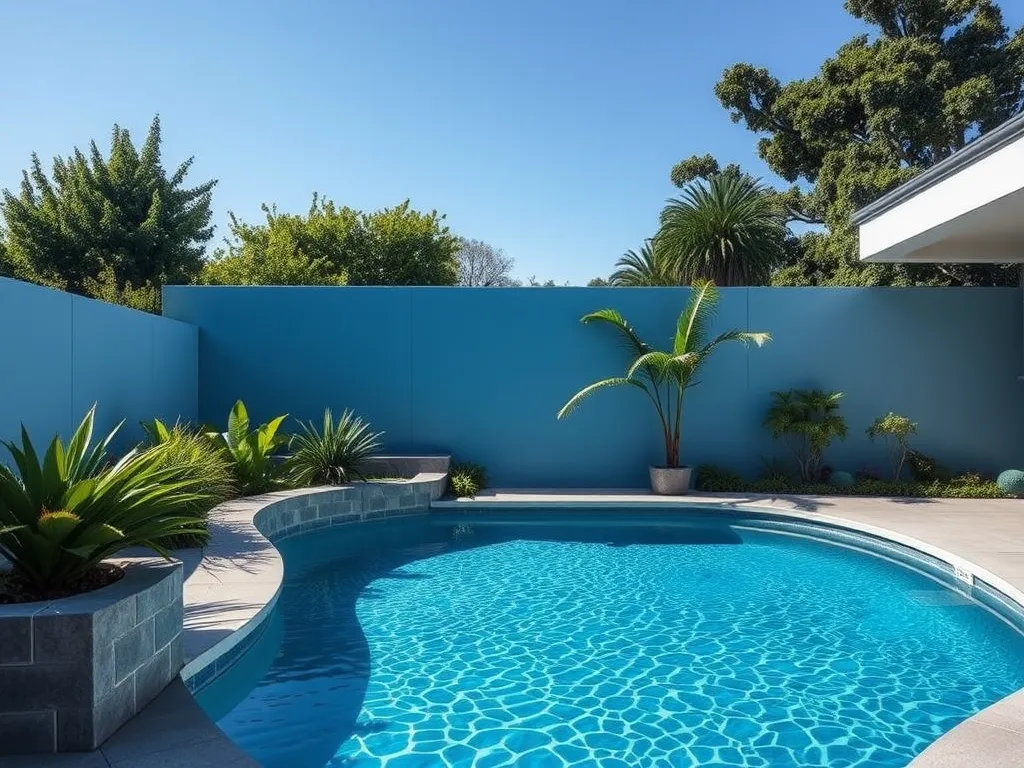 A clear blue swimming pool surrounded by green foliage, illustrating the possibility of shocking your pool during the day.