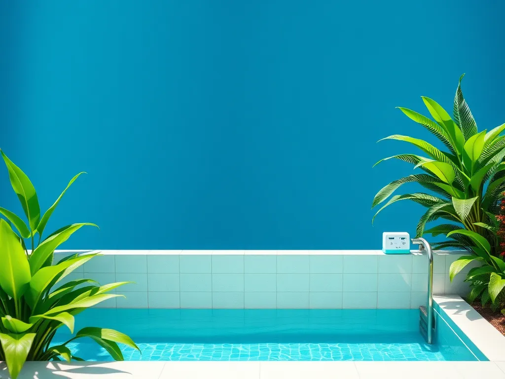 Saltwater pool with clear blue water and vibrant plants, illustrating the process of shocking a saltwater pool.